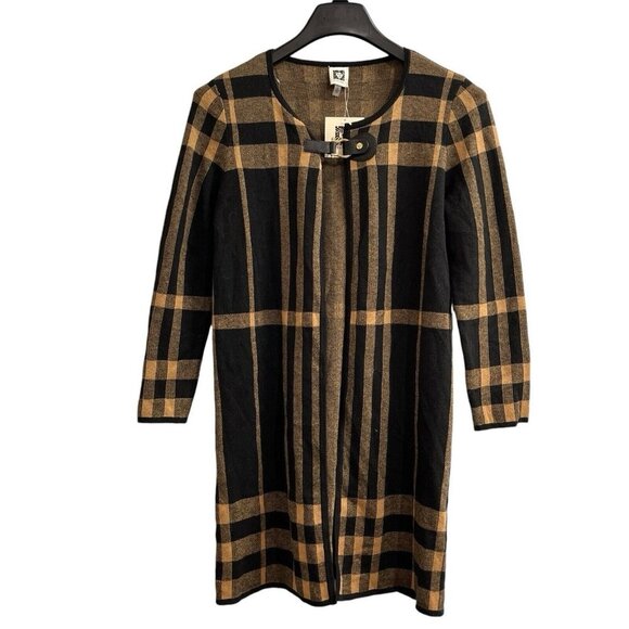 Anne Klein Cardigan Sweater Womens S Black Camel Plaid Toggle Clasp Academia - Picture 1 of 8